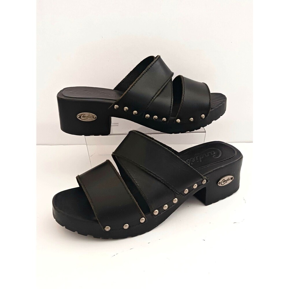 VTG 90s Y2K Candies Blk Leather Chunky Clog Platform Sandals Lug Sole Studs 7.5M